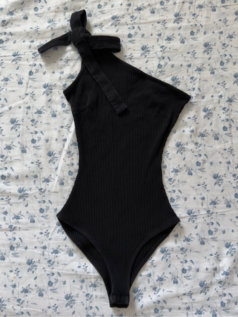 Princess Polly Black Ribbed One-Shoulder Kids Bodysuit with Tie Strap